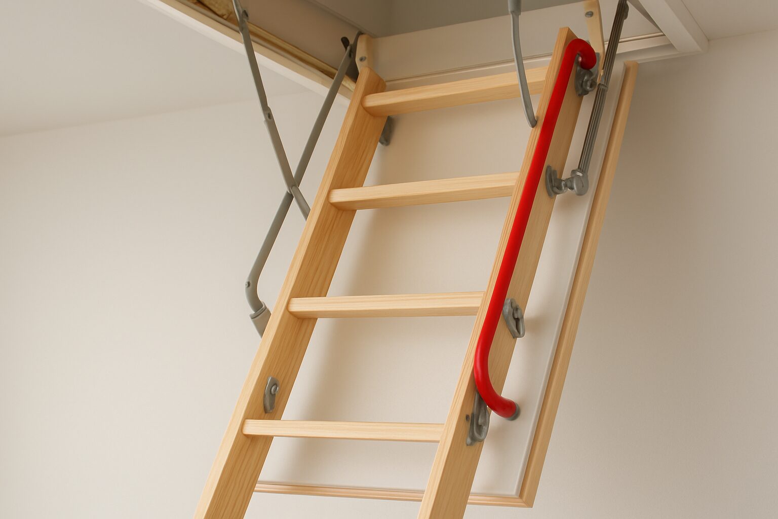 Close-up of a wooden loft ladder with a red handrail