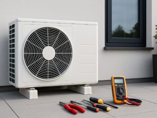 An outdoor air conditioning unit accompanied by various tools for maintenance and inspection.
