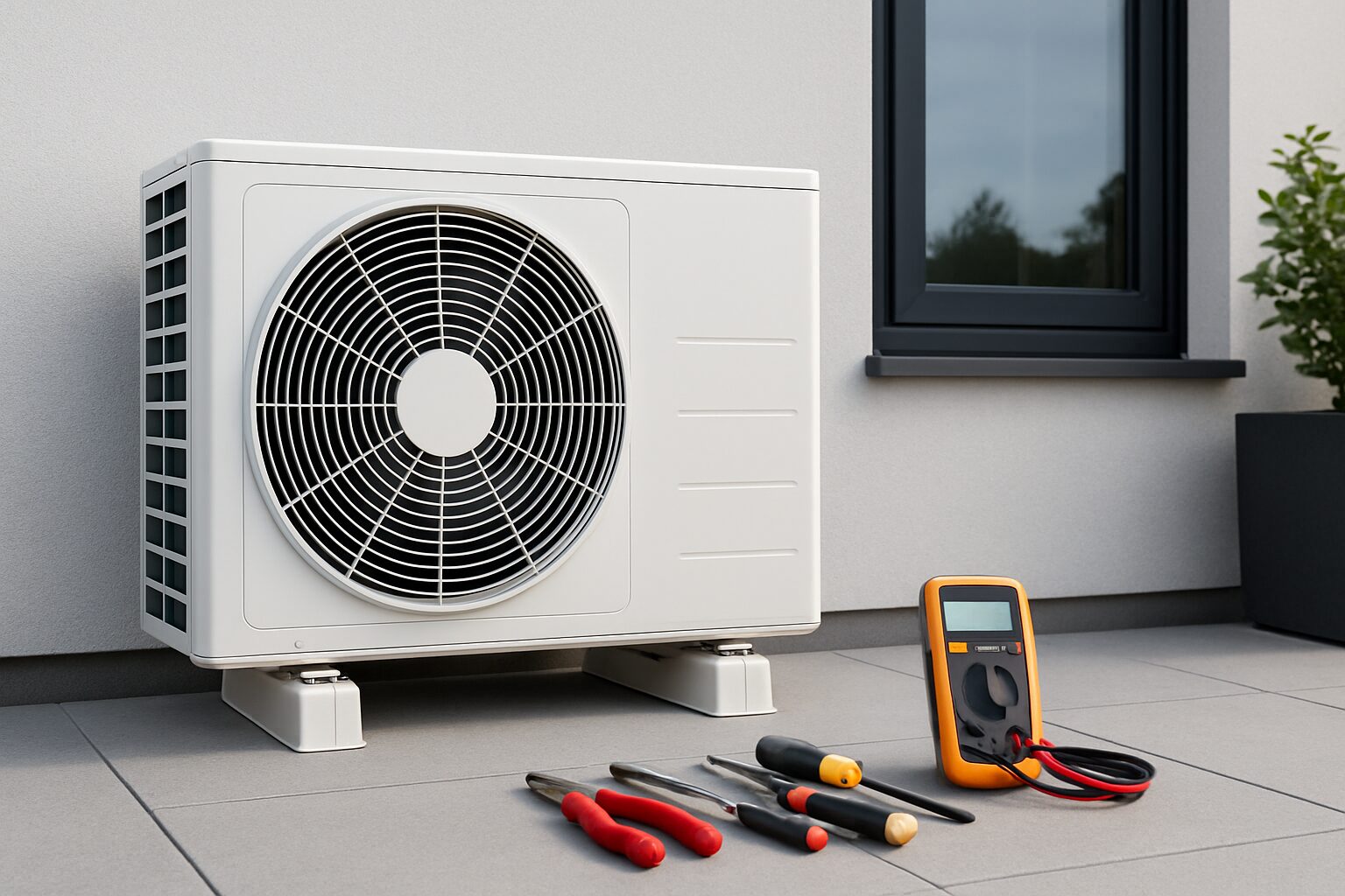 An outdoor air conditioning unit accompanied by various tools for maintenance and inspection.