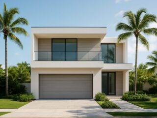 A modern house surrounded by palm trees in a sunny environment.