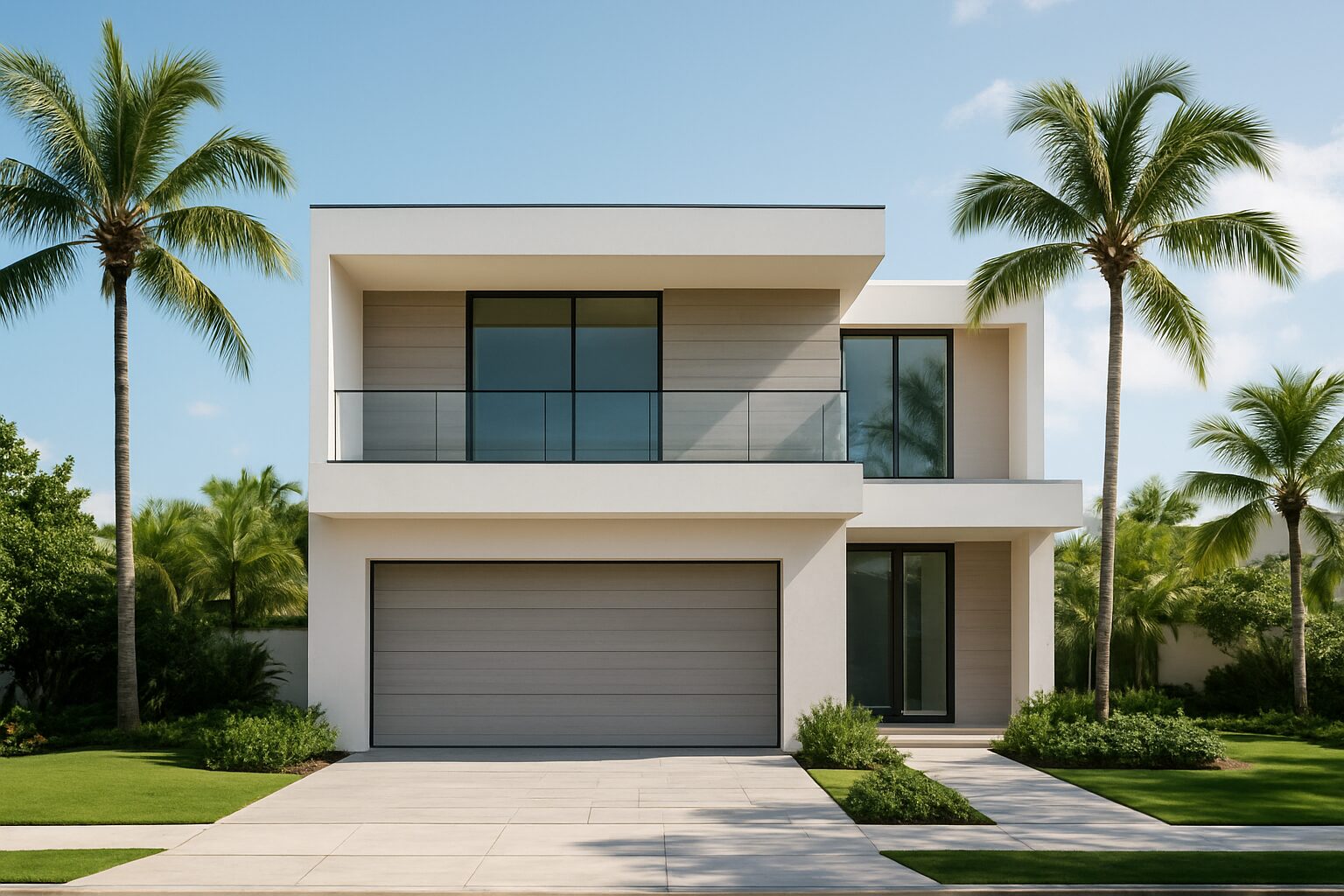 A modern house surrounded by palm trees in a sunny environment.