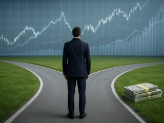 A businessperson stands at a crossroads with a financial graph in the background and stacks of money to the side, symbol